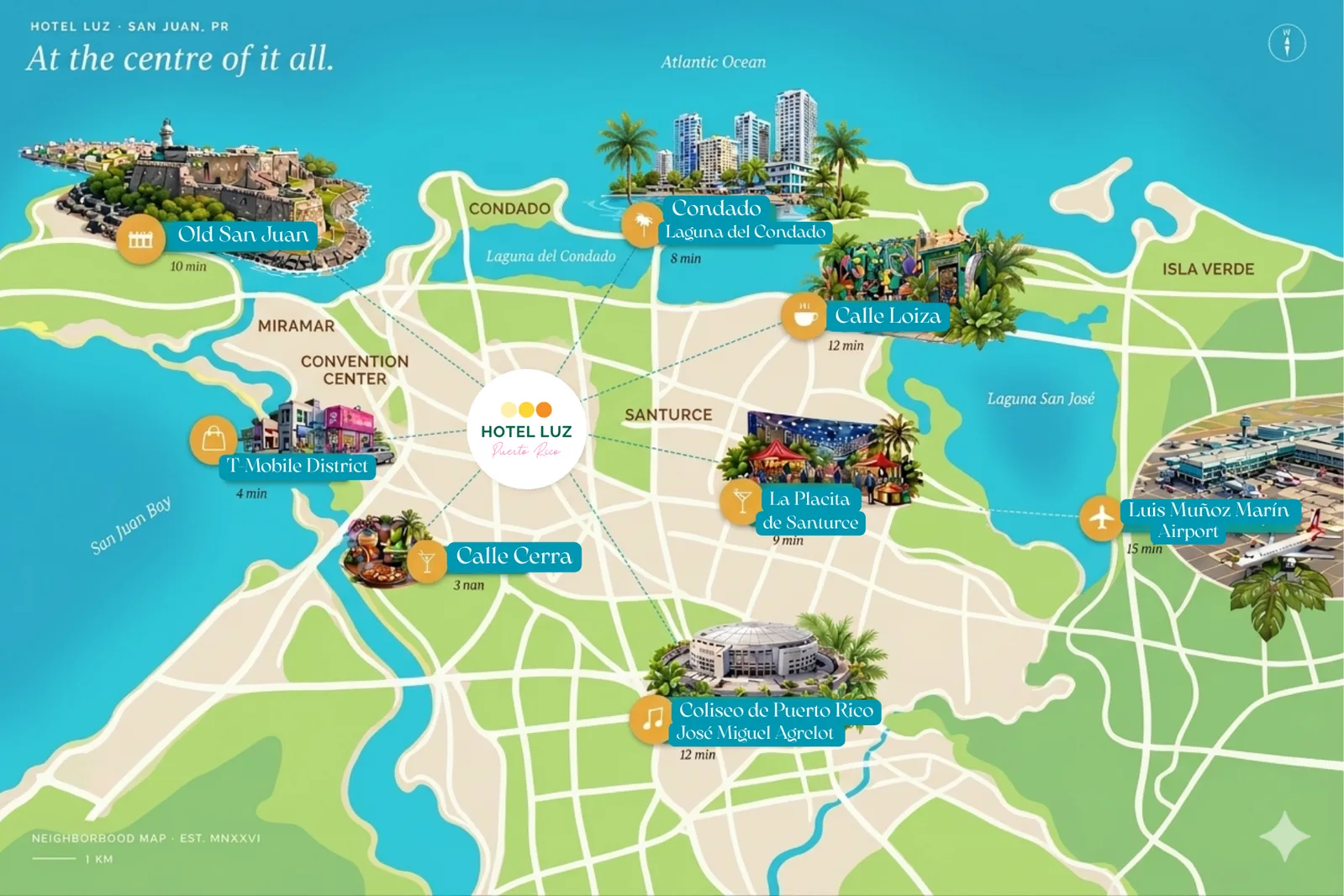 Illustrated map of San Juan with Hotel Luz at the center
